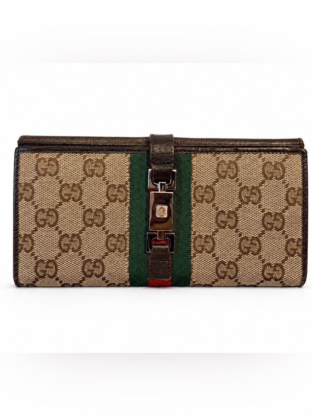 Gucci Brown GG Canvas Wallet with Green and Red Web Stripe
